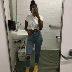 Light wash distressed Hollister mom jeans